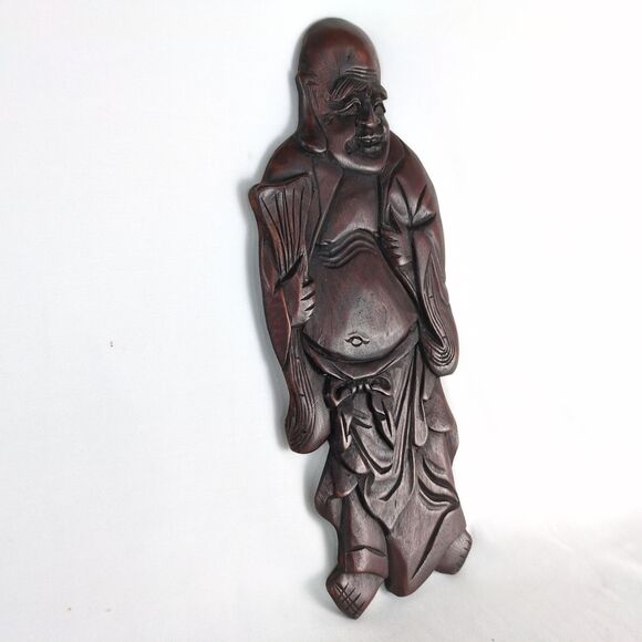 Vintage 1960s-70s 14" Happy Buddha Wall Plaque Carved Rosewood Hotei Laughing - Picture 4 of 7